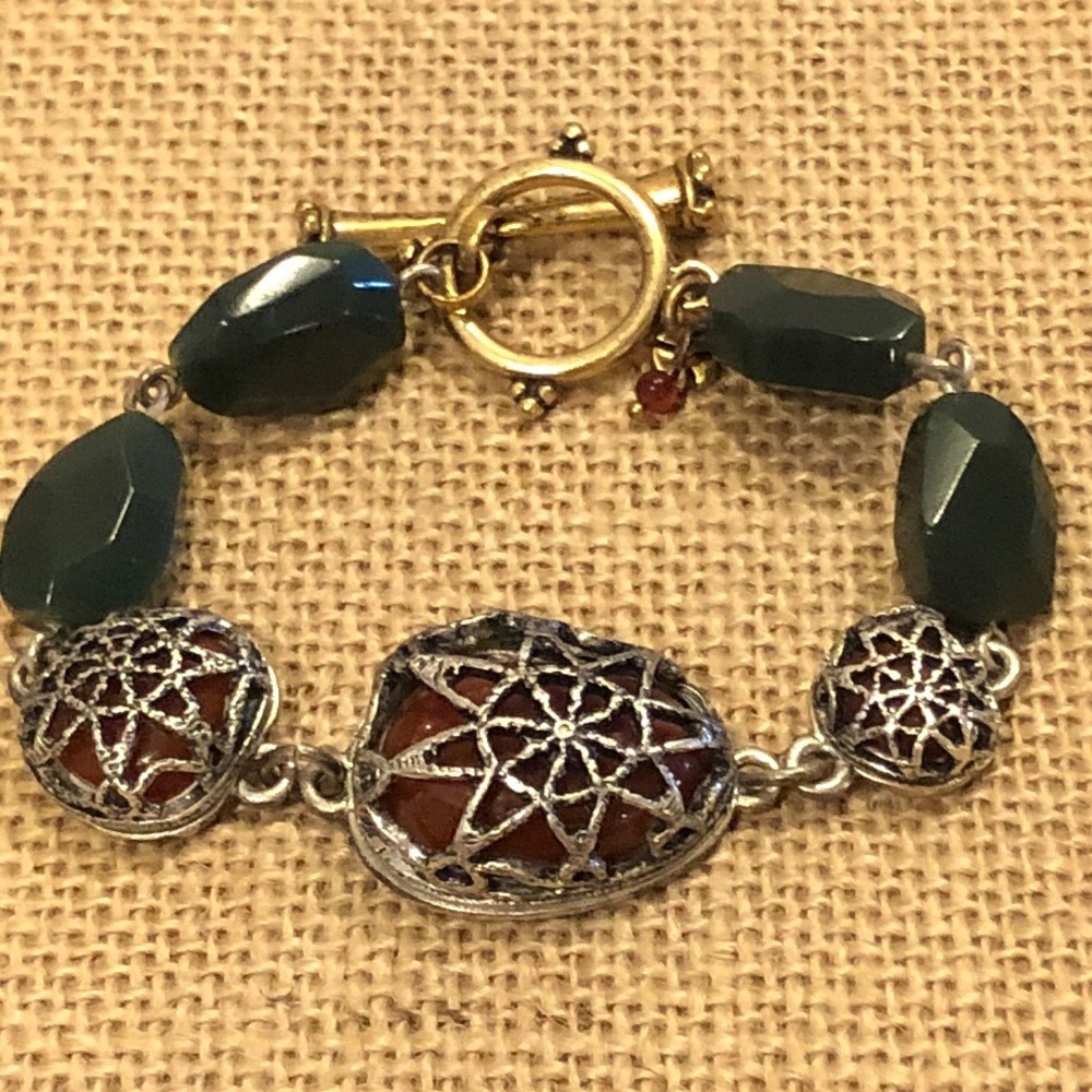 Lucky Brand Bracelet  - Gold & Silver tone w/ red & green acrylic stones, toggle - Picture 4 of 10